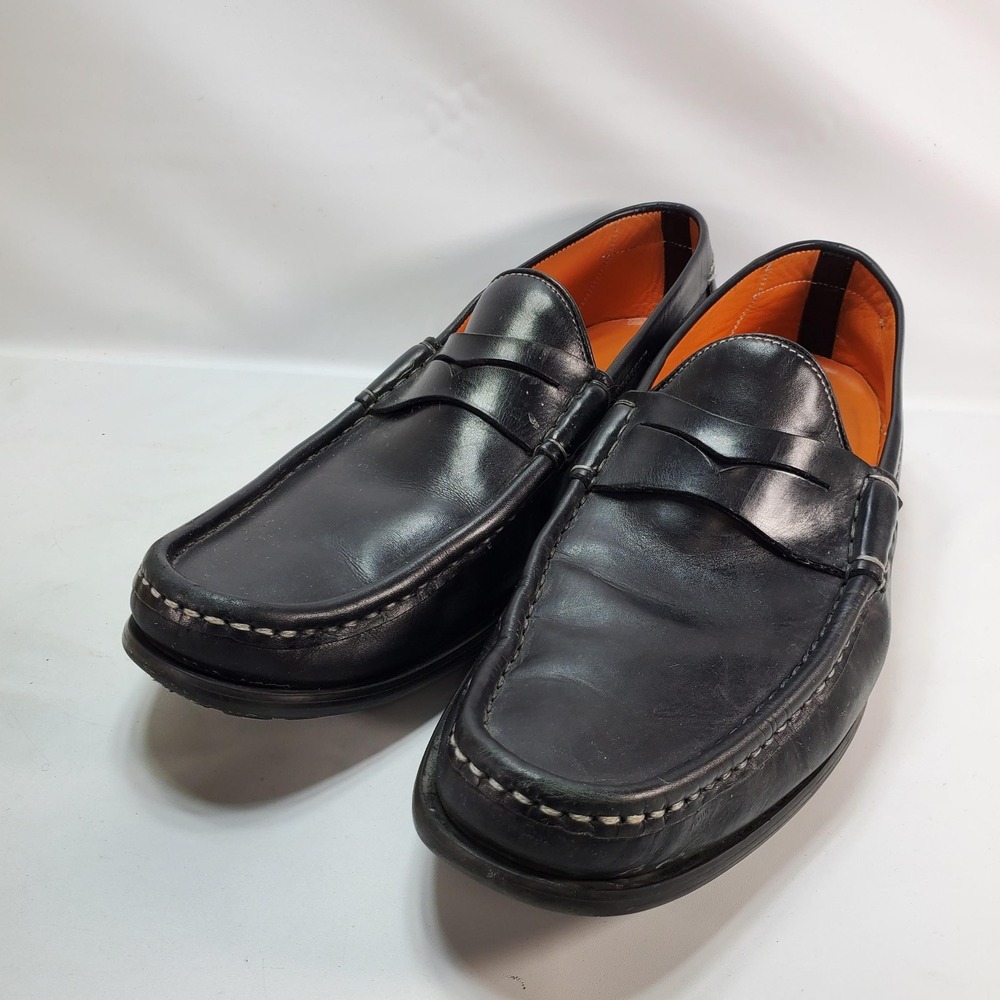 Santoni Penny Loafers Mens 10.5 Black Leather Made in Italy Moccasin‎ Square Toe